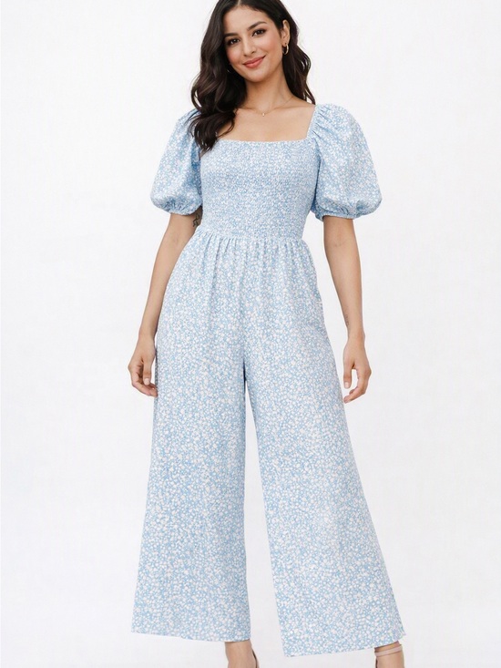 Pants - Blue Floral Puff-Sleeve Jumpsuit